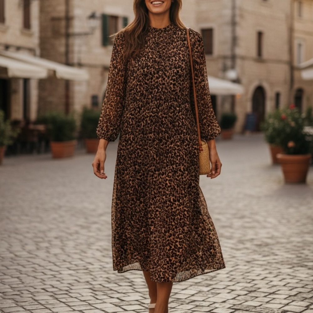 Leopard Print Pleated Maxi Dress - Size 38 (M)